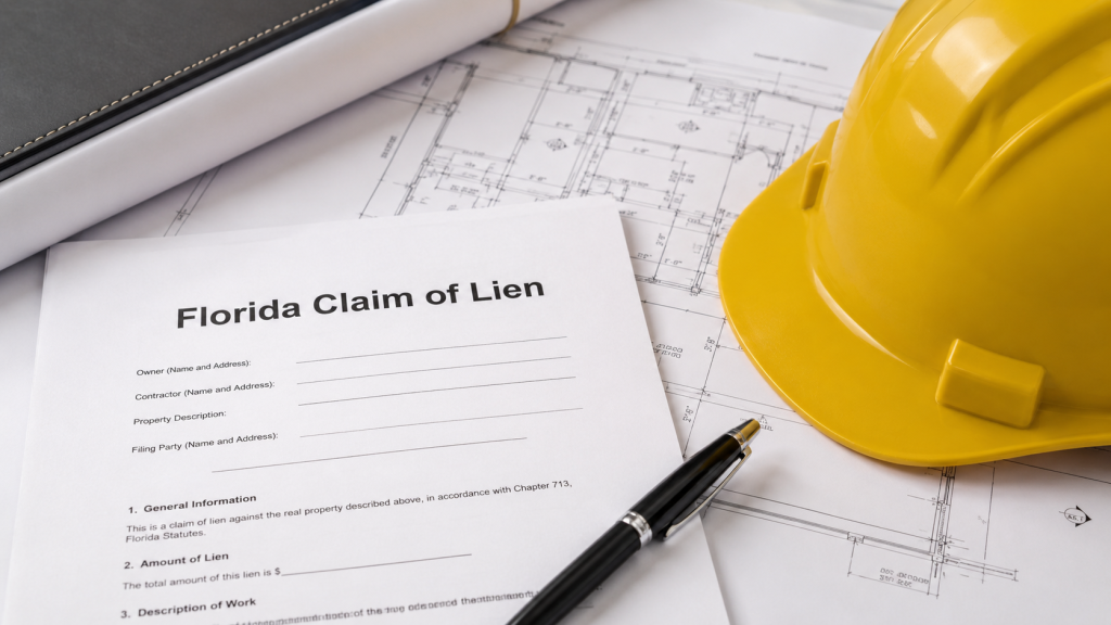 instructions for filing a mechanics lien in Florida site on top of blueprints and a yellow hard hat.