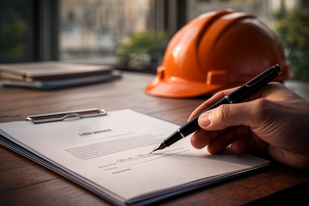 A hand signs a conditional lien waiver while an orange hat sits beside it on a desk.
