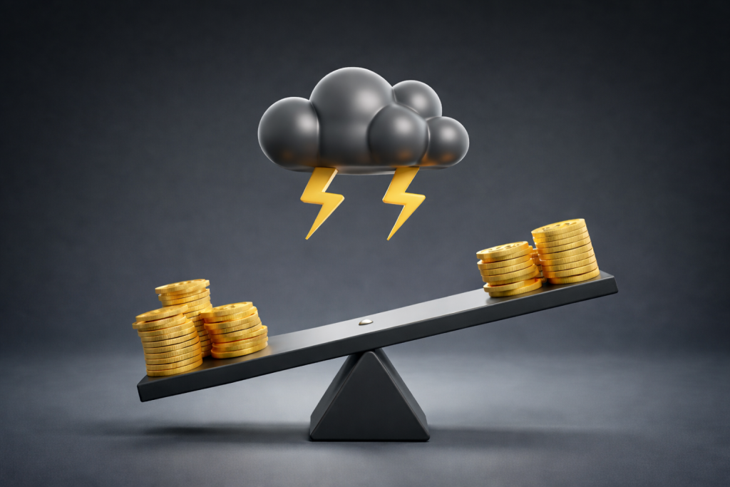 Storm clouds loom over a scale with coins, depicting the risks of not properly filing a lien.