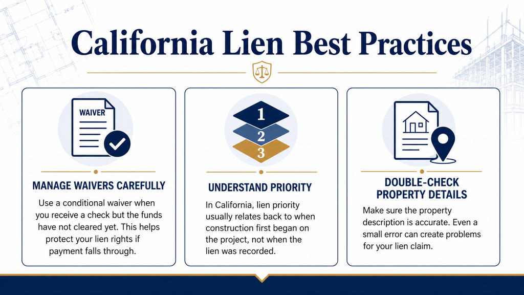 California mechanics lien best practices include managing waivers carefully, understanding priority, and double-checking property details.